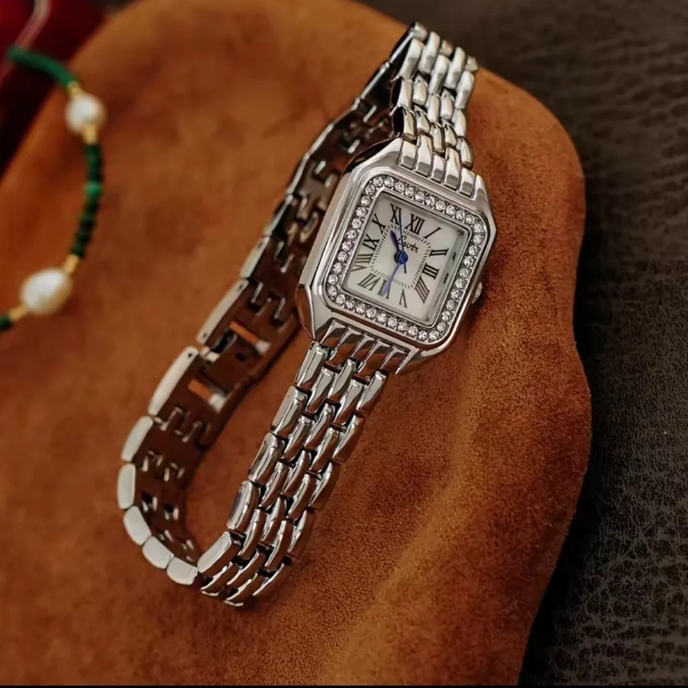 Classic Silver Stainless Steel Crystal Watch with Roman Numerals